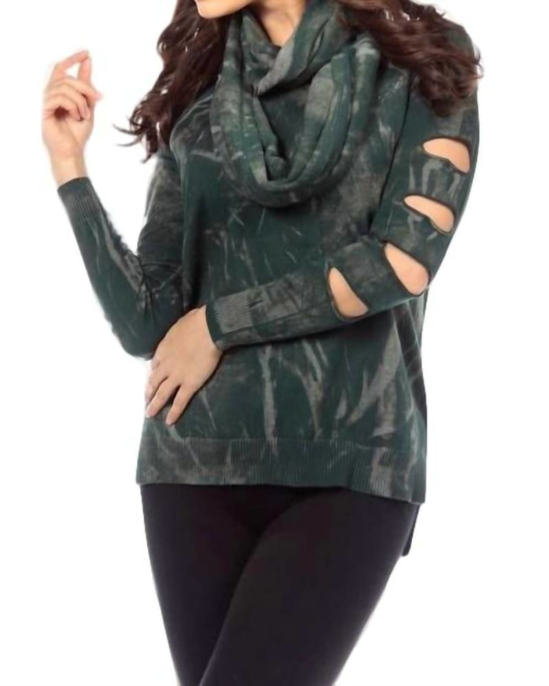 Front of a model wearing a size one-size-fits-all Bleached Infinity Scarf In Hunter in Hunter by ANGEL. | dia_product_style_image_id:350484